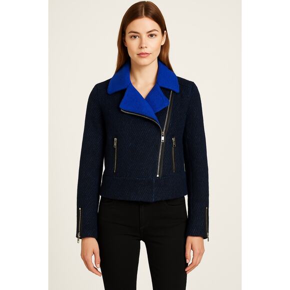 French Connection Electric Blue Wool Moto Jacket Size 6 Leather Trim Edgy - Picture 1 of 12